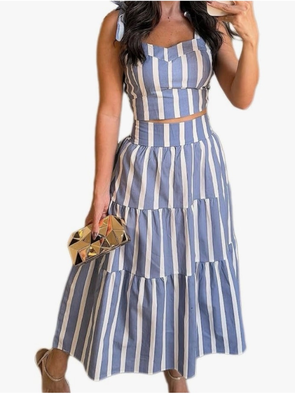 Amazon Blue and White Striped Maxi Skirt Set
